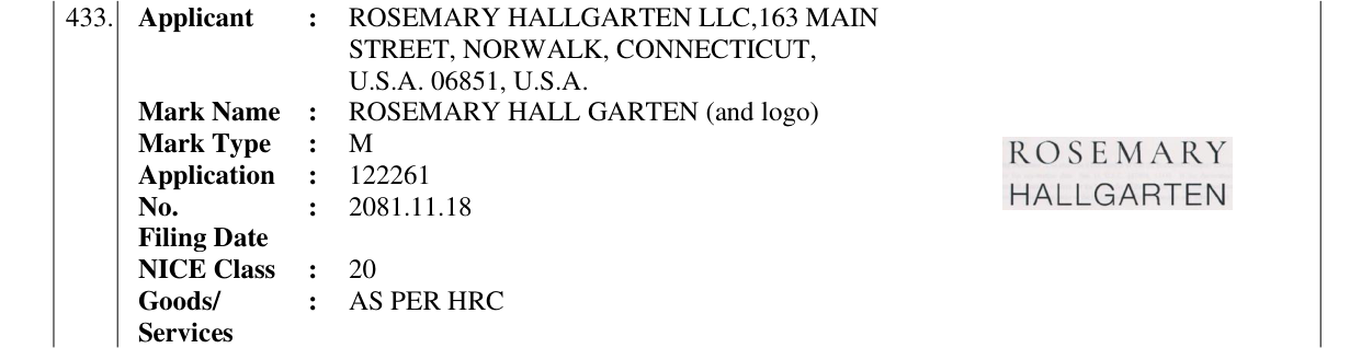 Original bulletin entry for ROSEMARY HALL GARTEN (and logo)