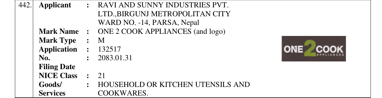 Original bulletin entry for ONE 2 COOK APPLIANCES (and logo)