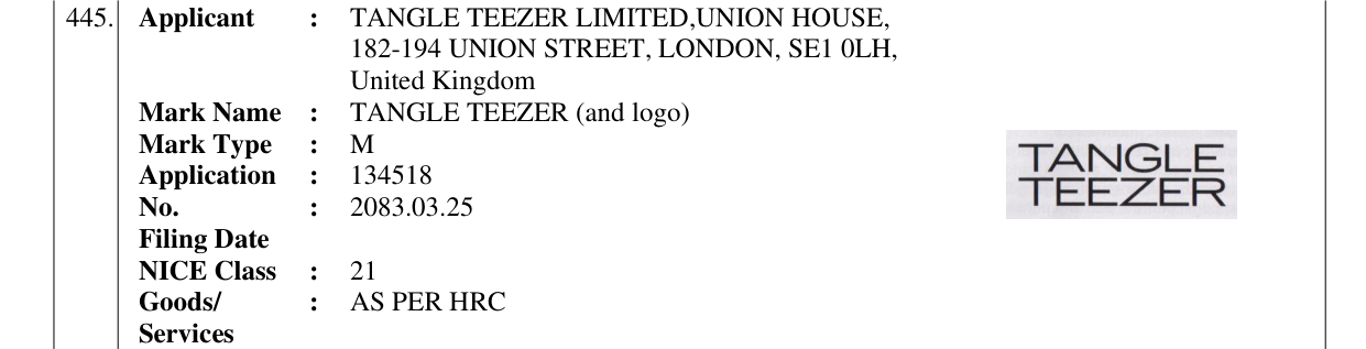 Original bulletin entry for TANGLE TEEZER (and logo)