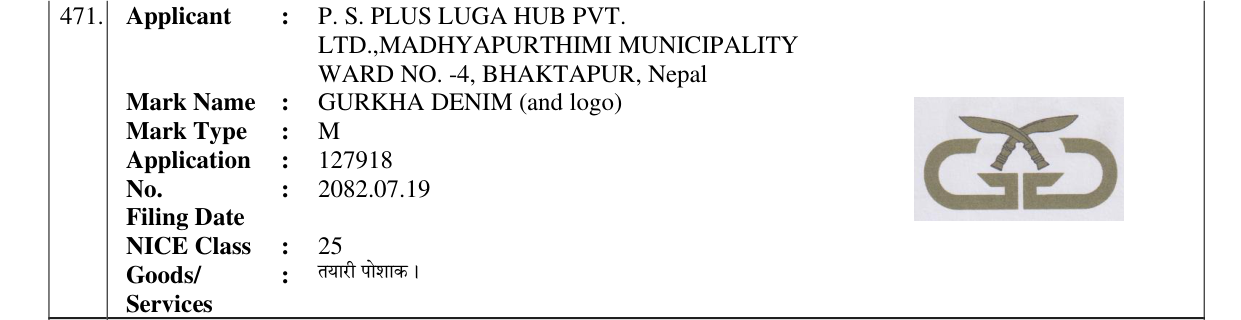 Original bulletin entry for GURKHA DENIM (and logo)