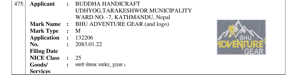 Original bulletin entry for BHU ADVENTURE GEAR (and logo)
