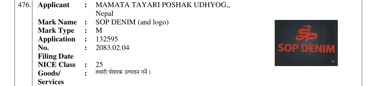 Original bulletin entry for SOP DENIM (and logo)