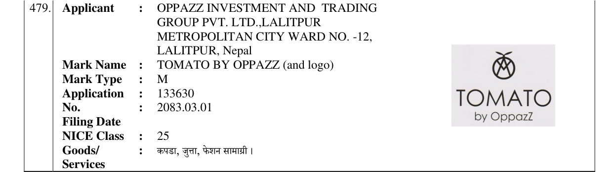 Original bulletin entry for TOMATO BY OPPAZZ (and logo)