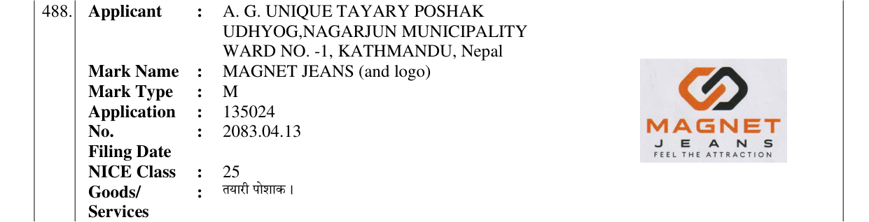 Original bulletin entry for MAGNET JEANS (and logo)