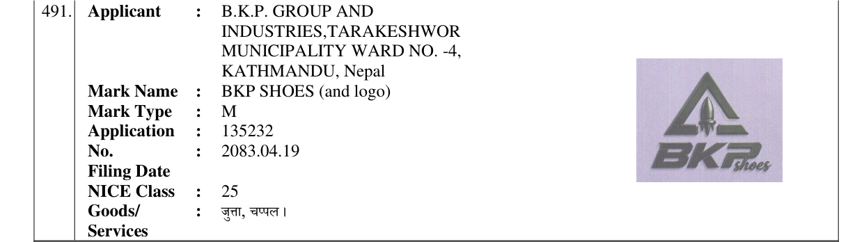 Original bulletin entry for BKP SHOES (and logo)