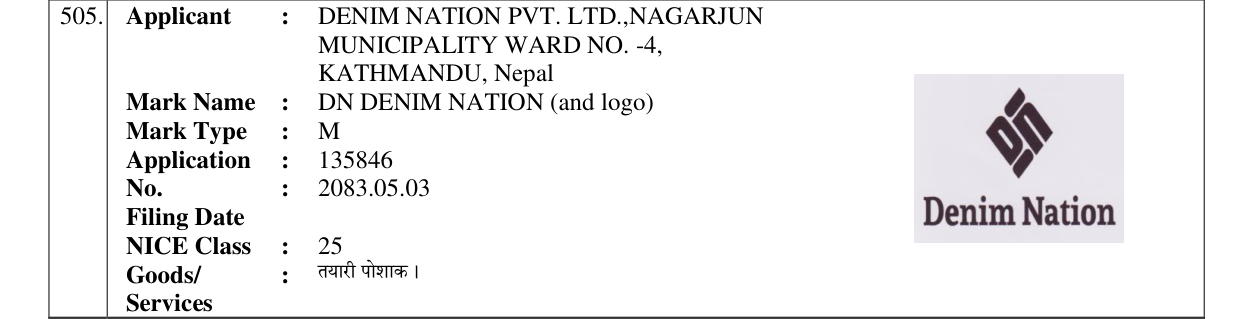Original bulletin entry for DN DENIM NATION (and logo)