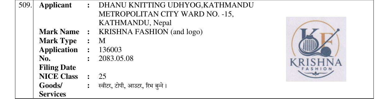 Original bulletin entry for KRISHNA FASHION (and logo)