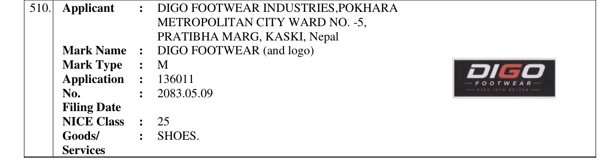 Original bulletin entry for DIGO FOOTWEAR (and logo)