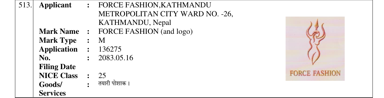 Original bulletin entry for FORCE FASHION (and logo)