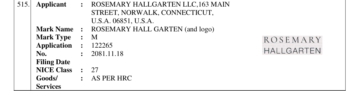 Original bulletin entry for ROSEMARY HALL GARTEN (and logo)