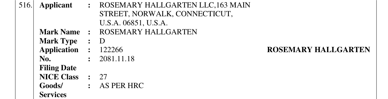 Original bulletin entry for ROSEMARY HALLGARTEN