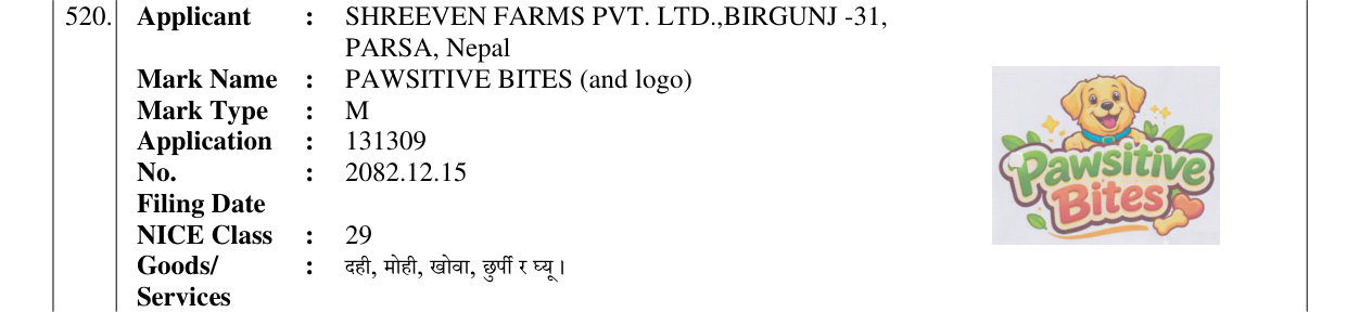 Original bulletin entry for PAWSITIVE BITES (and logo)