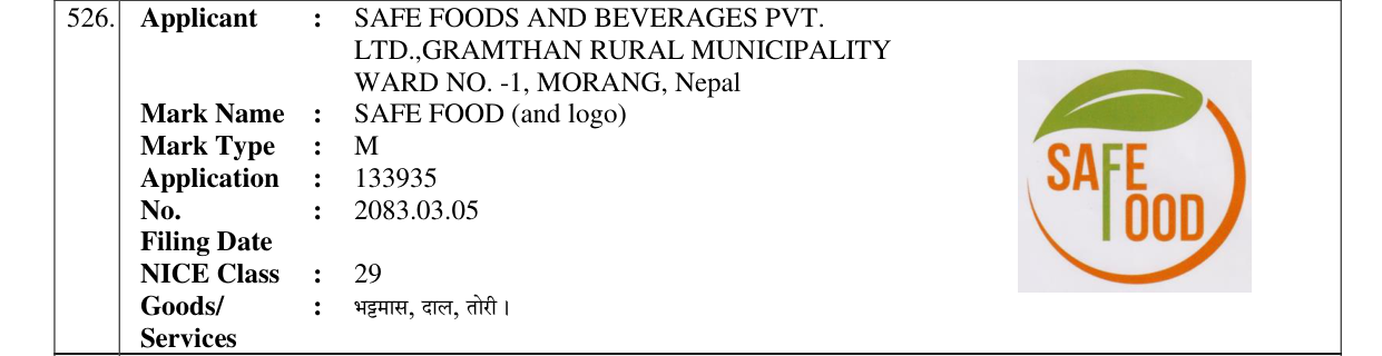 Original bulletin entry for SAFE FOOD (and logo)