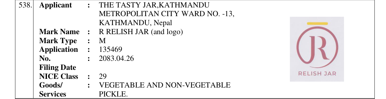 Original bulletin entry for R RELISH JAR (and logo)