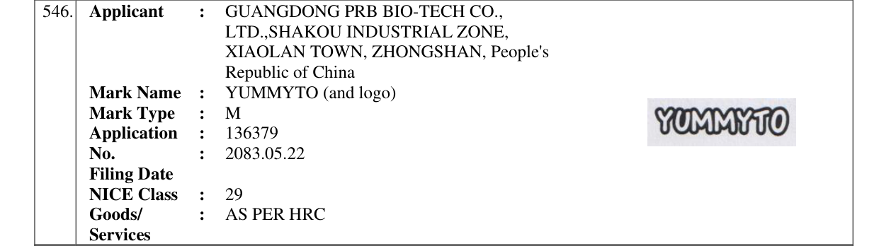 Original bulletin entry for YUMMYTO (and logo)