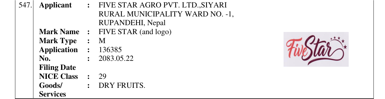 Original bulletin entry for FIVE STAR (and logo)