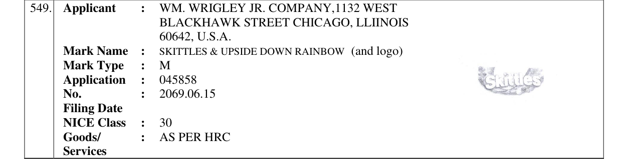 Original bulletin entry for SKITTLES & UPSIDE DOWN RAINBOW (and logo)