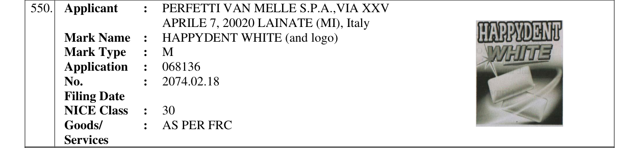 Original bulletin entry for HAPPYDENT WHITE (and logo)