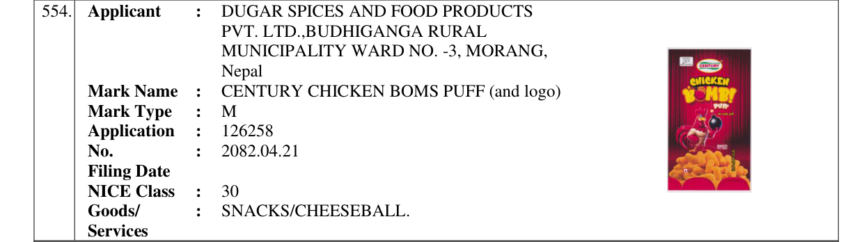 Original bulletin entry for CENTURY CHICKEN BOMS PUFF (and logo)