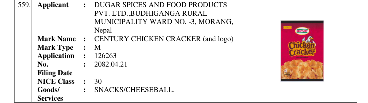 Original bulletin entry for CENTURY CHICKEN CRACKER (and logo)