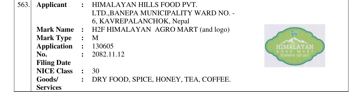 Original bulletin entry for H2F HIMALAYAN AGRO MART (and logo)