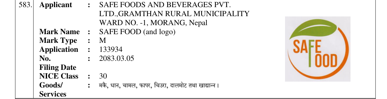 Original bulletin entry for SAFE FOOD (and logo)
