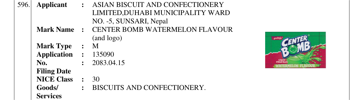 Original bulletin entry for CENTER BOMB WATERMELON FLAVOUR (and logo)