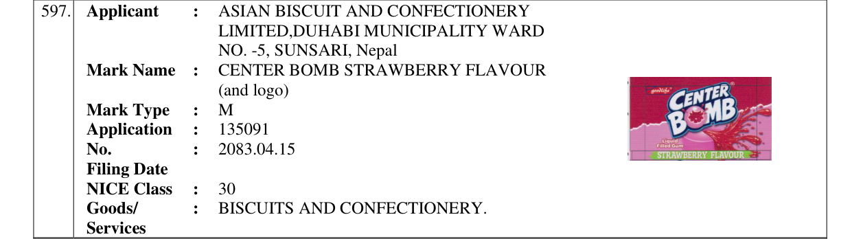 Original bulletin entry for CENTER BOMB STRAWBERRY FLAVOUR (and logo)