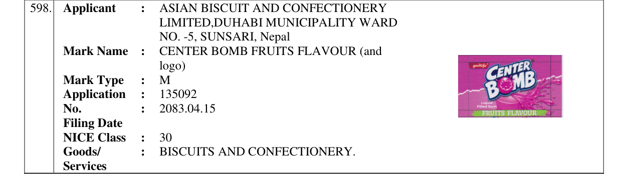 Original bulletin entry for CENTER BOMB FRUITS FLAVOUR (and logo)