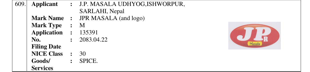 Original bulletin entry for JPR MASALA (and logo)