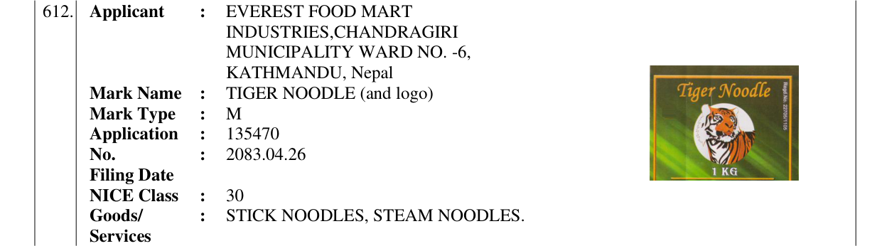 Original bulletin entry for TIGER NOODLE (and logo)