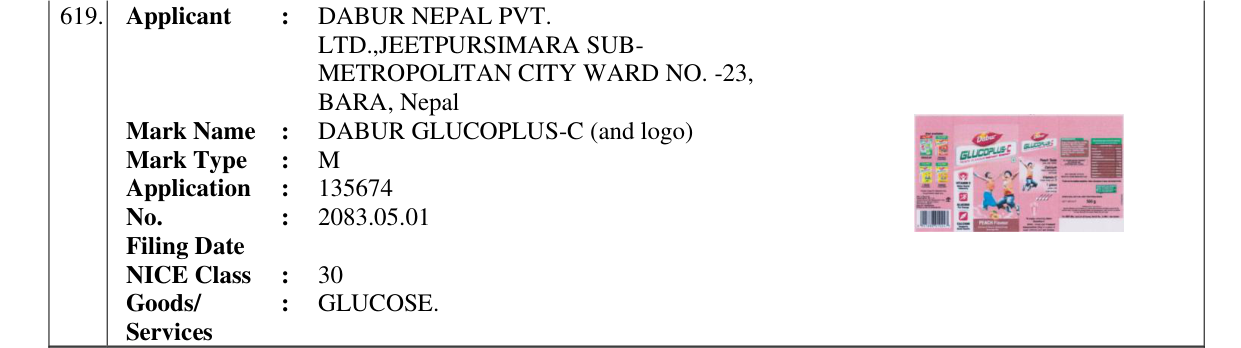 Original bulletin entry for DABUR GLUCOPLUS-C (and logo)
