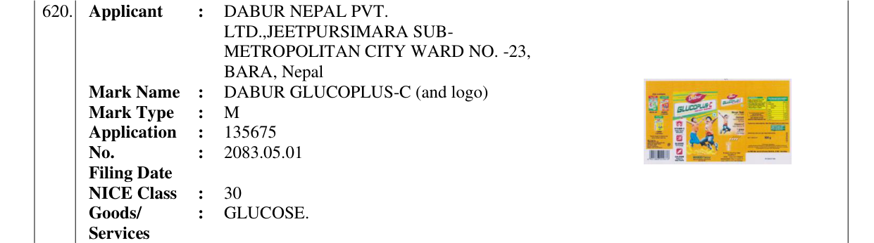 Original bulletin entry for DABUR GLUCOPLUS-C (and logo)