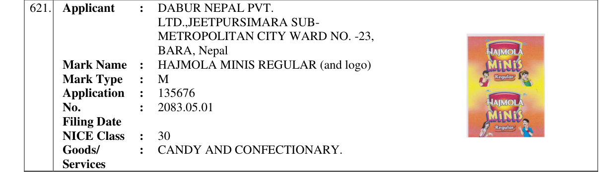 Original bulletin entry for HAJMOLA MINIS REGULAR (and logo)