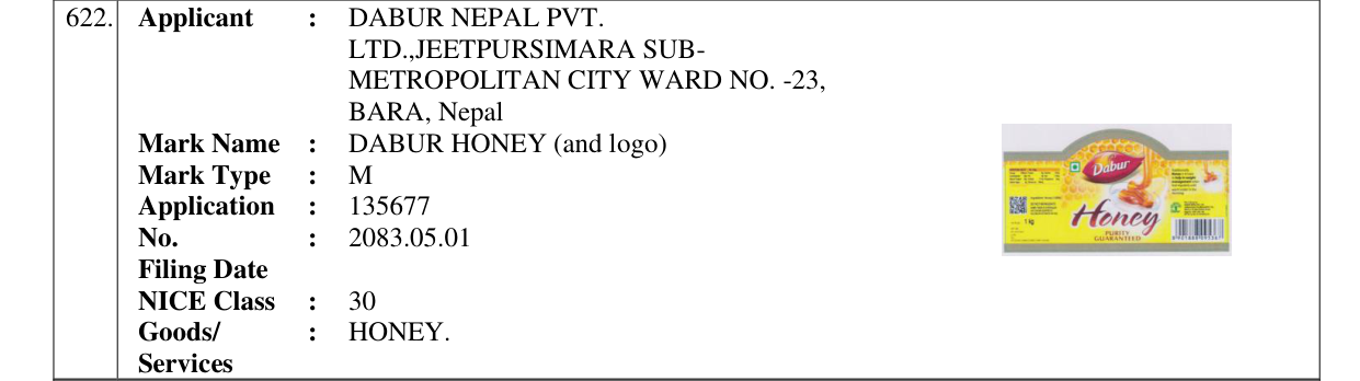 Original bulletin entry for DABUR HONEY (and logo)