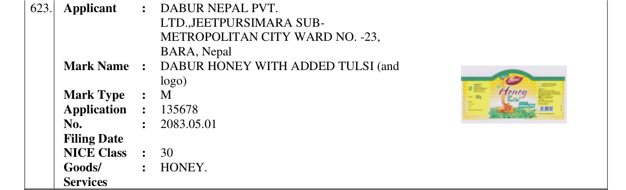 Original bulletin entry for DABUR HONEY WITH ADDED TULSI (and logo)