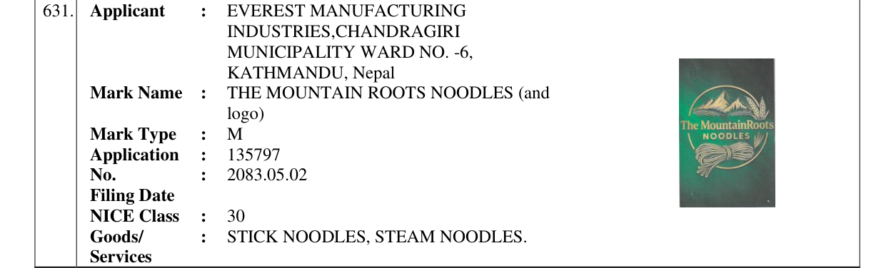 Original bulletin entry for THE MOUNTAIN ROOTS NOODLES (and logo)
