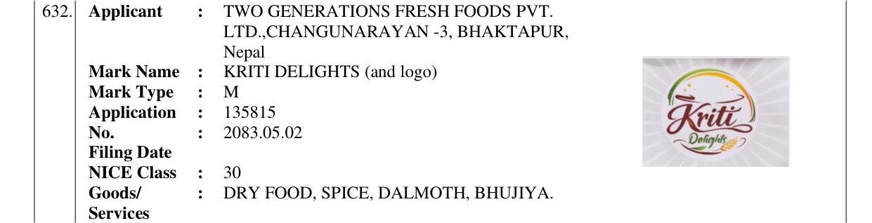Original bulletin entry for KRITI DELIGHTS (and logo)