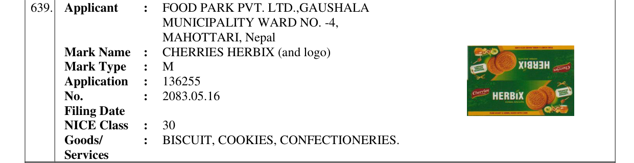 Original bulletin entry for CHERRIES HERBIX (and logo)