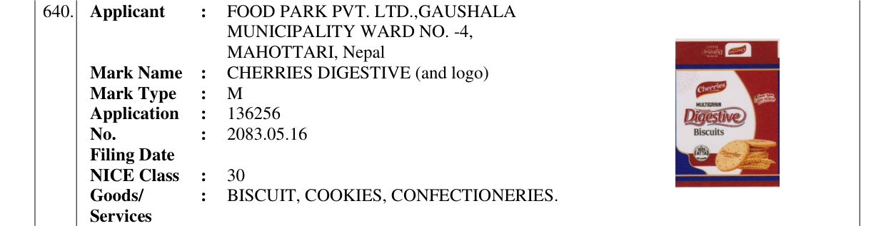 Original bulletin entry for CHERRIES DIGESTIVE (and logo)