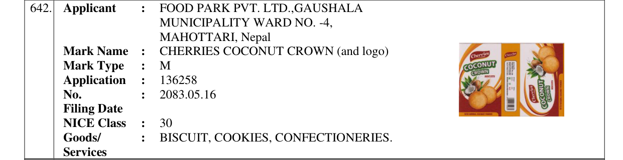 Original bulletin entry for CHERRIES COCONUT CROWN (and logo)