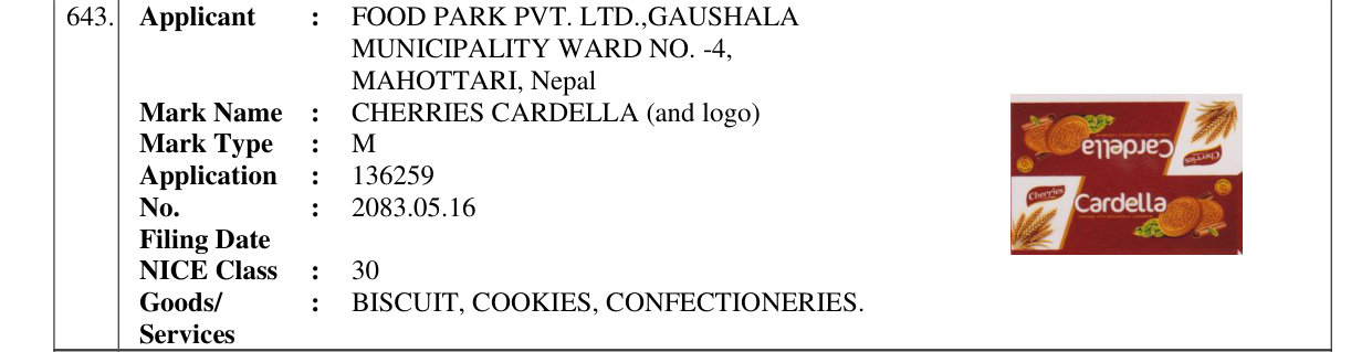 Original bulletin entry for CHERRIES CARDELLA (and logo)