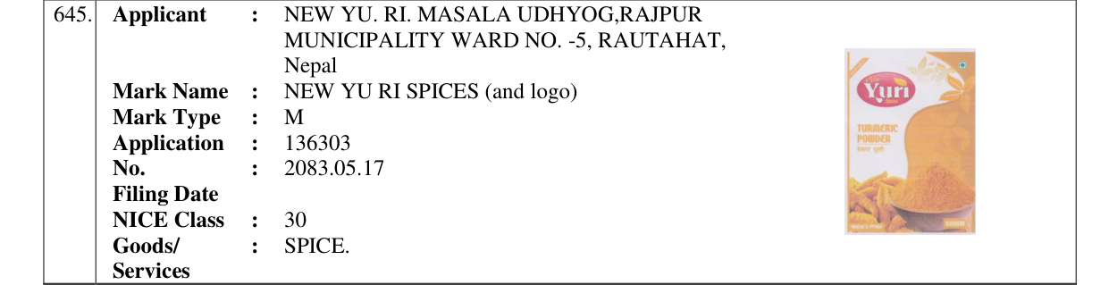 Original bulletin entry for NEW YU RI SPICES (and logo)
