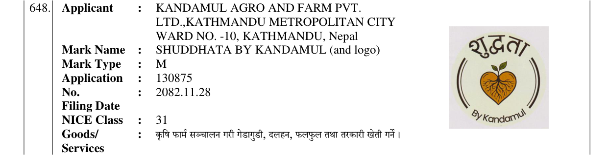 Original bulletin entry for SHUDDHATA BY KANDAMUL (and logo)