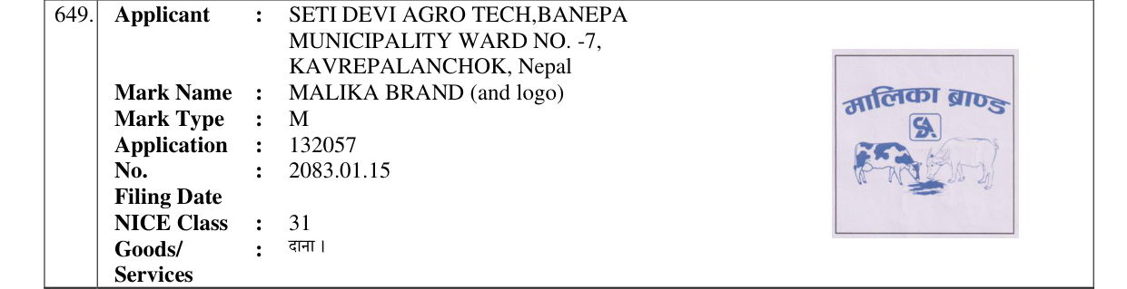 Original bulletin entry for MALIKA BRAND (and logo)