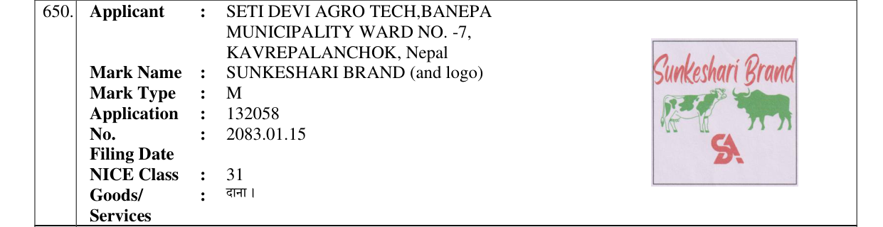 Original bulletin entry for SUNKESHARI BRAND (and logo)