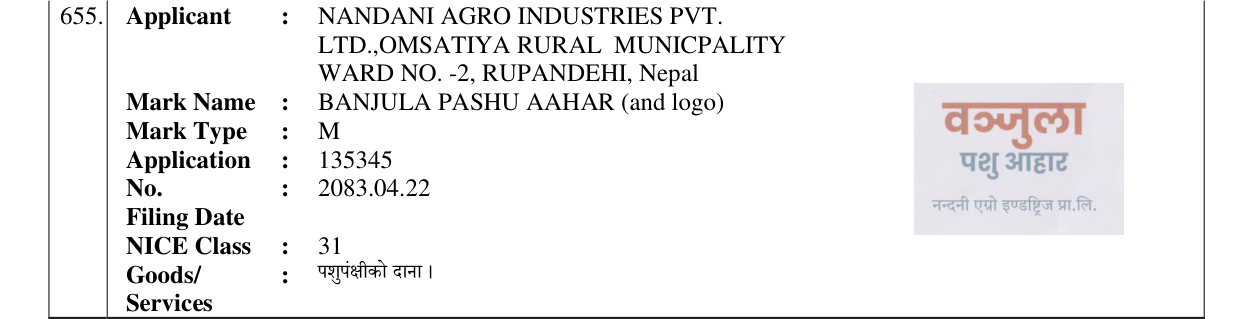 Original bulletin entry for BANJULA PASHU AAHAR (and logo)