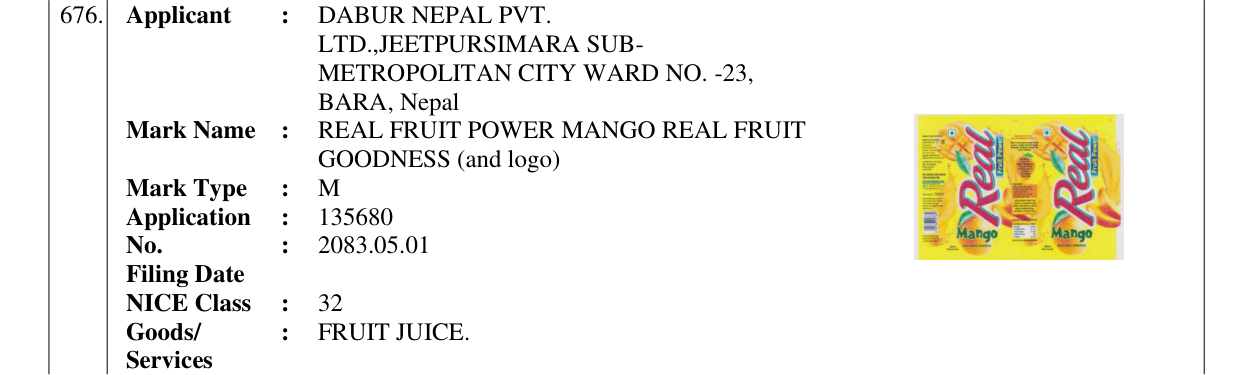 Original bulletin entry for REAL FRUIT POWER MANGO REAL FRUIT GOODNESS (and logo)
