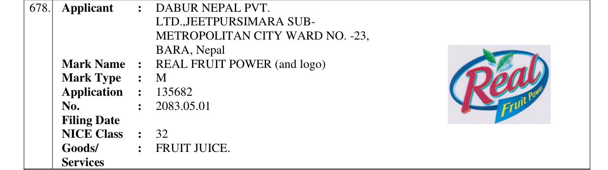Original bulletin entry for REAL FRUIT POWER (and logo)