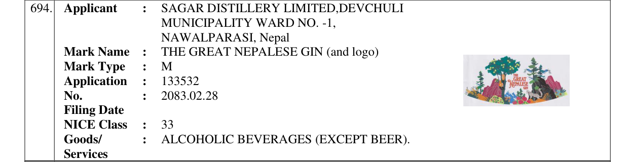Original bulletin entry for THE GREAT NEPALESE GIN (and logo)